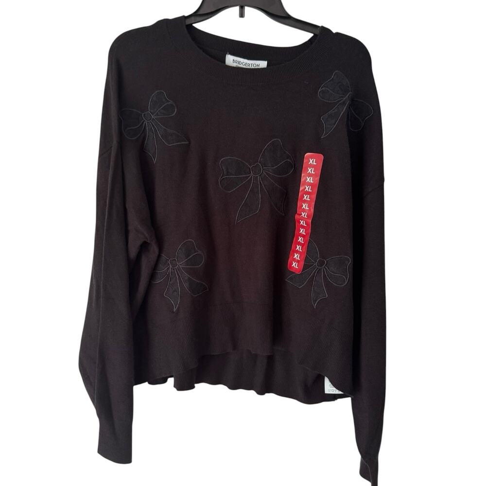 NWT Bridgerton Lace Bow Applique Sweater Black Knit Size XL - Picture 1 of 5